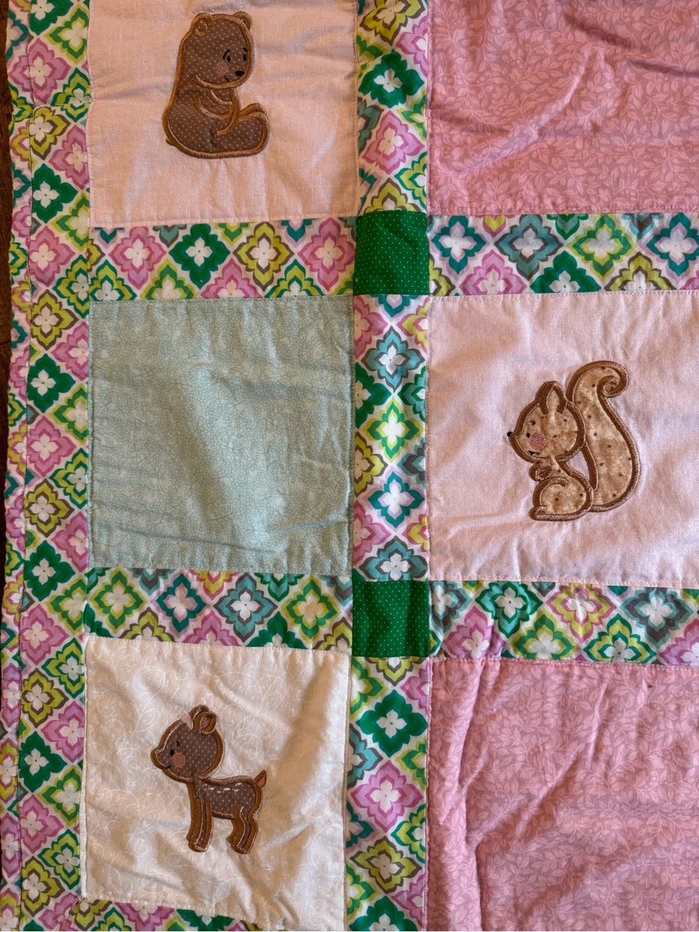 Handmade Pastel Patchwork Baby Quilt with Animal Appliqués - Pink & Mint